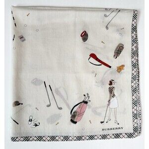 Burberry Scarf White Golf Theme w/ Plaid Nova Check Accents Y2K Preppy Golfing